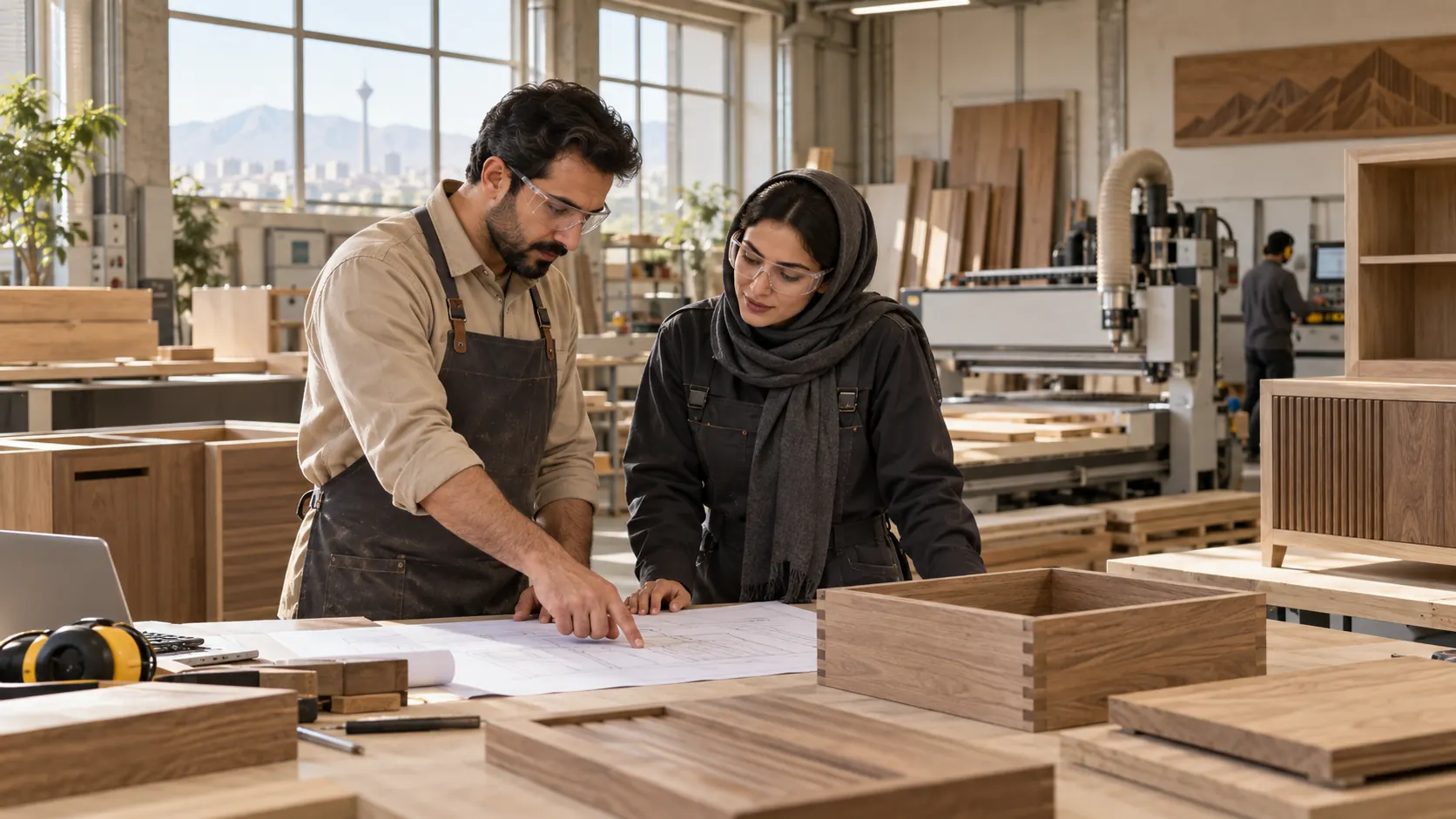 تصویر مفهومی از همکاری تیم طراحی و تولید در کارگاه چوب